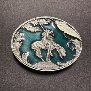 VTG 95 Siskiyou Belt Buckle‎ Native American Warrior Horse Green Enamel USA
